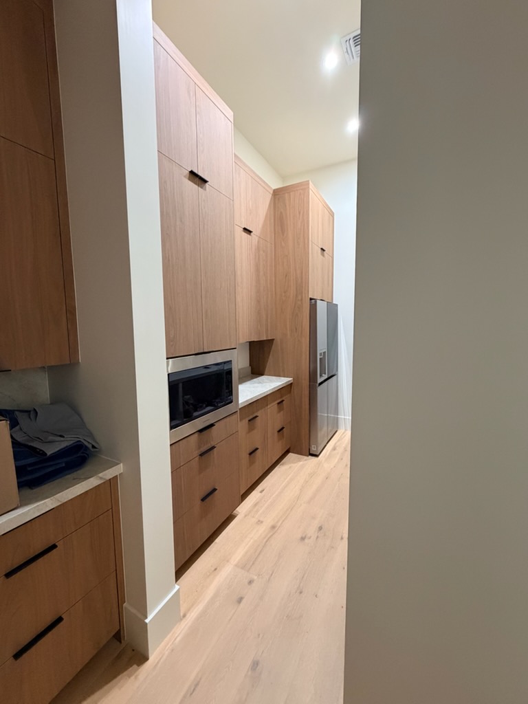 Walk-in pantry with floor-to-ceiling walnut cabinets